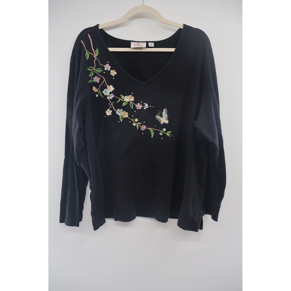 Quacker Factory Black Embroidered Butterfly Floral Top 2X Plus Size
